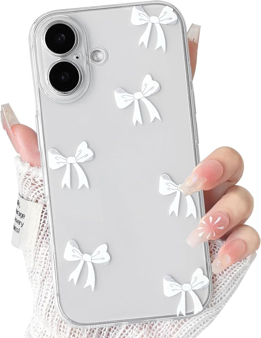NITITOP Compatible with iPhone 16 Plus Case Clear Cute Bow Knot Design for Women Girls Stylish Bowknot Durable Soft TPU Slim Protection Phone Cover - White Ribbon