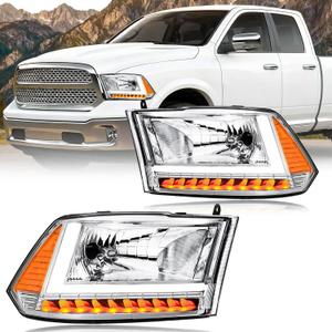 LED DRL Headlight Assembly,Fit 2009-2018 Dodge Ram 1500/10-18 Ram 2500 3500 4500 5500(Only fit factory dual beam halogen headlights, Additional H4 bulb required) Chrome Housing Amber Reflector