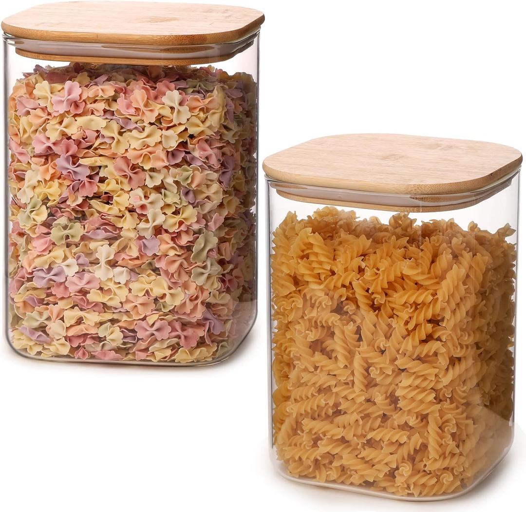 Glass Food Storage Jars 3.6 Qt Set of 2,Glass Storage Containers Clear Glass Food Canister with Bamboo Lid Airtight For Serving Tea, Coffee, Flour, Sugar, Candy, Cookie, Spice and More (Square)