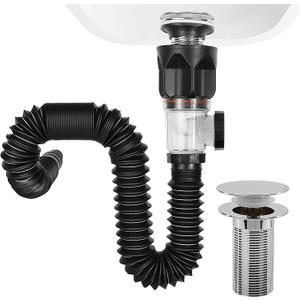 Bathroom Sink Drain Kit, Flexible P-Trap Drain Pipe with Pop Up Stopper