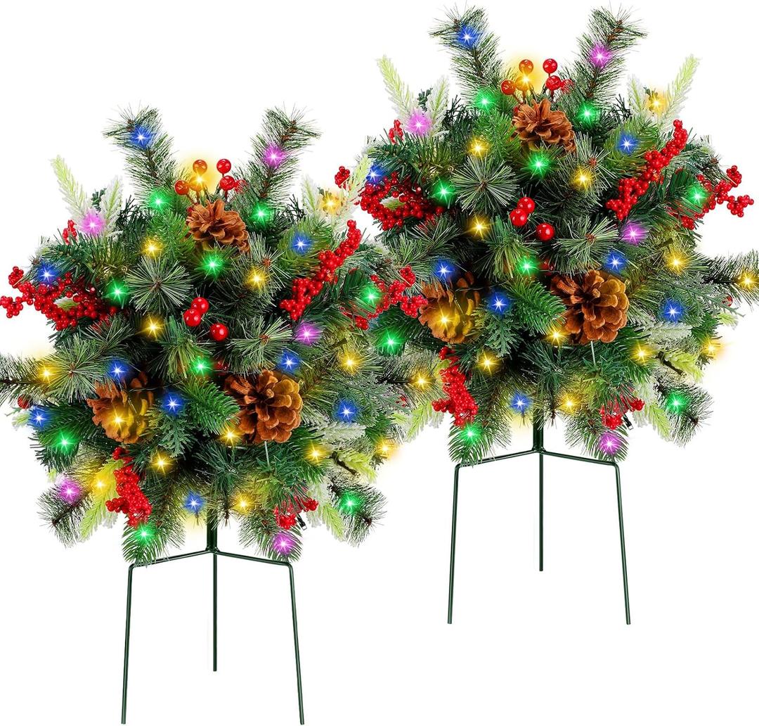 Liliful 2 Sets Lighted Artificial Christmas Urn Filler 18 Inch, Battery Operated Pre Lit Artificial Christmas Tree Outdoor Light up Planter Filler Lighted Xmas Trees with LED Lights Timer (Multicolor)