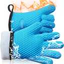 Kitchen Oven Gloves - Dual-Layer Heat Resistant Grilling Gloves, Silicone Oven Mitts with 5 Fingers, Waterproof Non-Slip Pot Holder for Barbecue, Cooking, Baking, Size XL-XXXL (Blue)