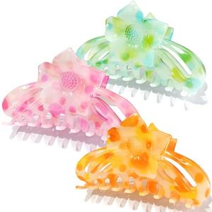Miniluck Flower Hair Claw Clips - 3PCS Big Clips for Women/Girls, Cute Nonslip Medium Colorful Hawaiian Flower Clips with Strong Hold for Thick/Thin Hair
