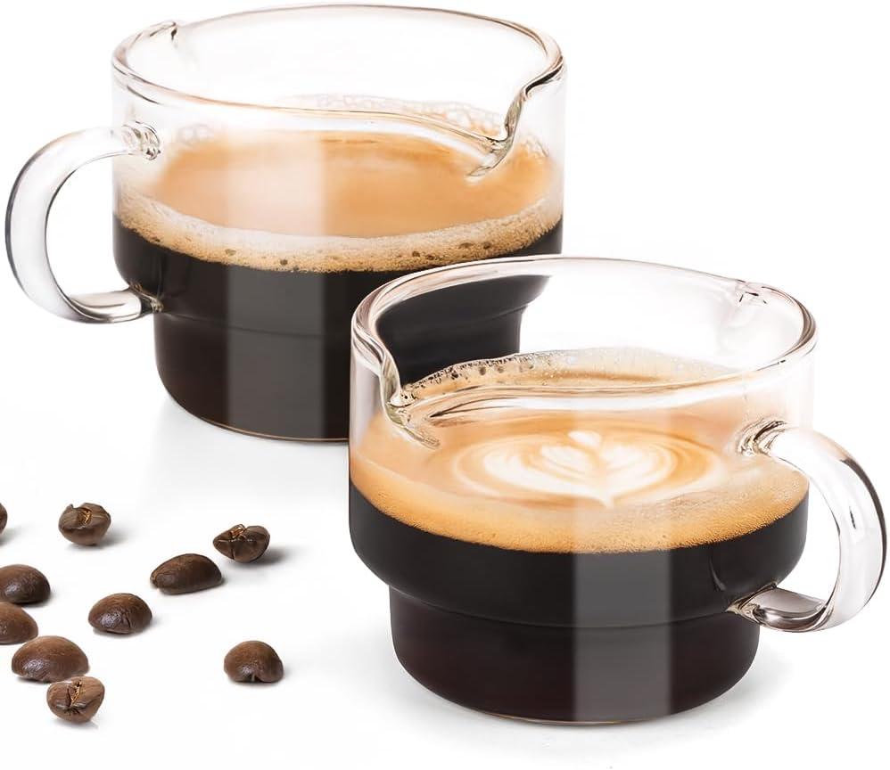 2Pcs Espresso Cups, Coffee Bar Accessories 4Oz Stackable Double Spouts Espresso Shot Glass, Clear Coffee Cups with Handle, Espresso Accessories for Coffee Bar