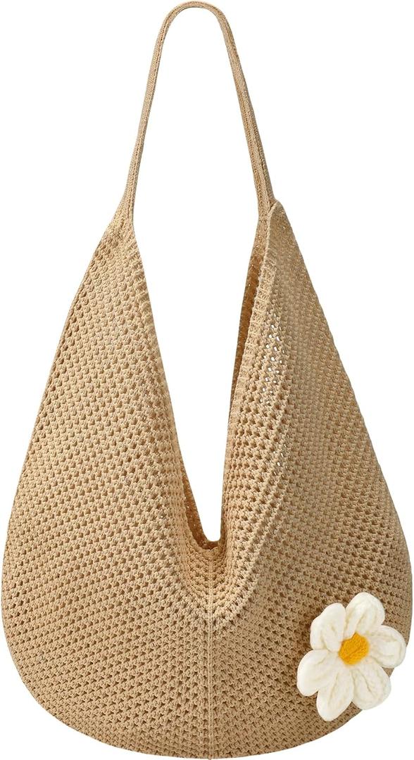 Premillow Crochet Beach Bags for Women, Summer Beach Tote Bag, Mesh Cute Beach Purse, Aesthetic Knit Bag Handbag Shoulder Bag (Khaki)