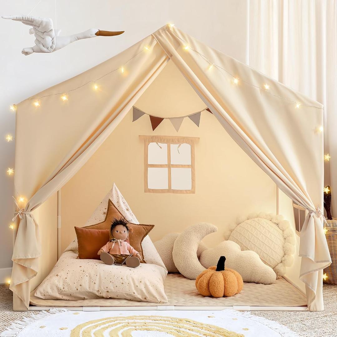 Kids Play Tent with Padded Mat, Play Tent for Toddlers, Large Kids Tent Indoor Playhouse, Play House Tent Princess Play Cottage for Girls Toy House Birthday Gift, 57 Inches L X 35.5 Inches W X 53 Inches H