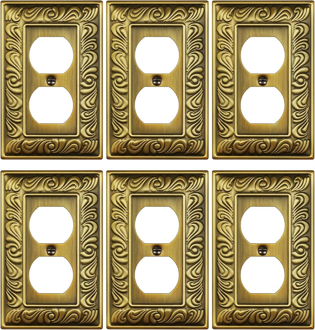 6-Pack Duplex Outlet Cover Plate, Paisley Pattern Antique Brass Metal Wall Plates for Electrical Outlets, 1 Gang Receptacle Cover Decorative Switch Plates and Outlet Covers