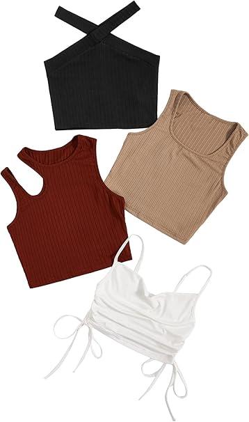 Milumia Women's 4 Piece Ribbed Knit Cut Out Drawstring Sleeveless Crop Tank Tops Set, XL