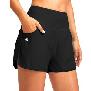 G Gradual Women's 3" High Waisted Swim Board Shorts with Pockets Quick Dry Swimsuit Bottoms Bathing Suit for Women with Liner L (Black)