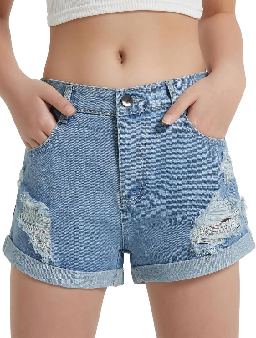 EXARUS Girls Ripped Jean Shorts Teen Summer Cute Distressed Frayed Raw/Folded Hem Tween Denim Youth Kids Casual (Blue, M)