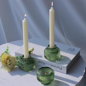 Woho Candlestick Holders Set of 4 for Taper Candles/Tea Lights, Green Ribbed Candle Sticks Holder Decor for Table Centerpiece, Reversible Taper Candle Holders Glass for Christmas Home Decoration