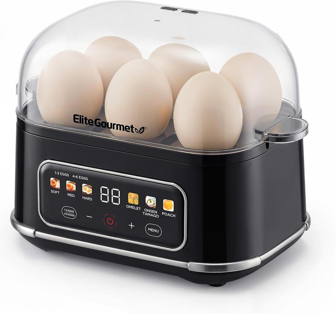 Elite Gourmet Digital Egg Cooker, 6 Egg Capacity, Soft/Medium/Hard Boiled, Onsen Tamago, Poach & Omelet, One-Touch Menu, Audible Alert On/Off, Auto Shut-Off, Black