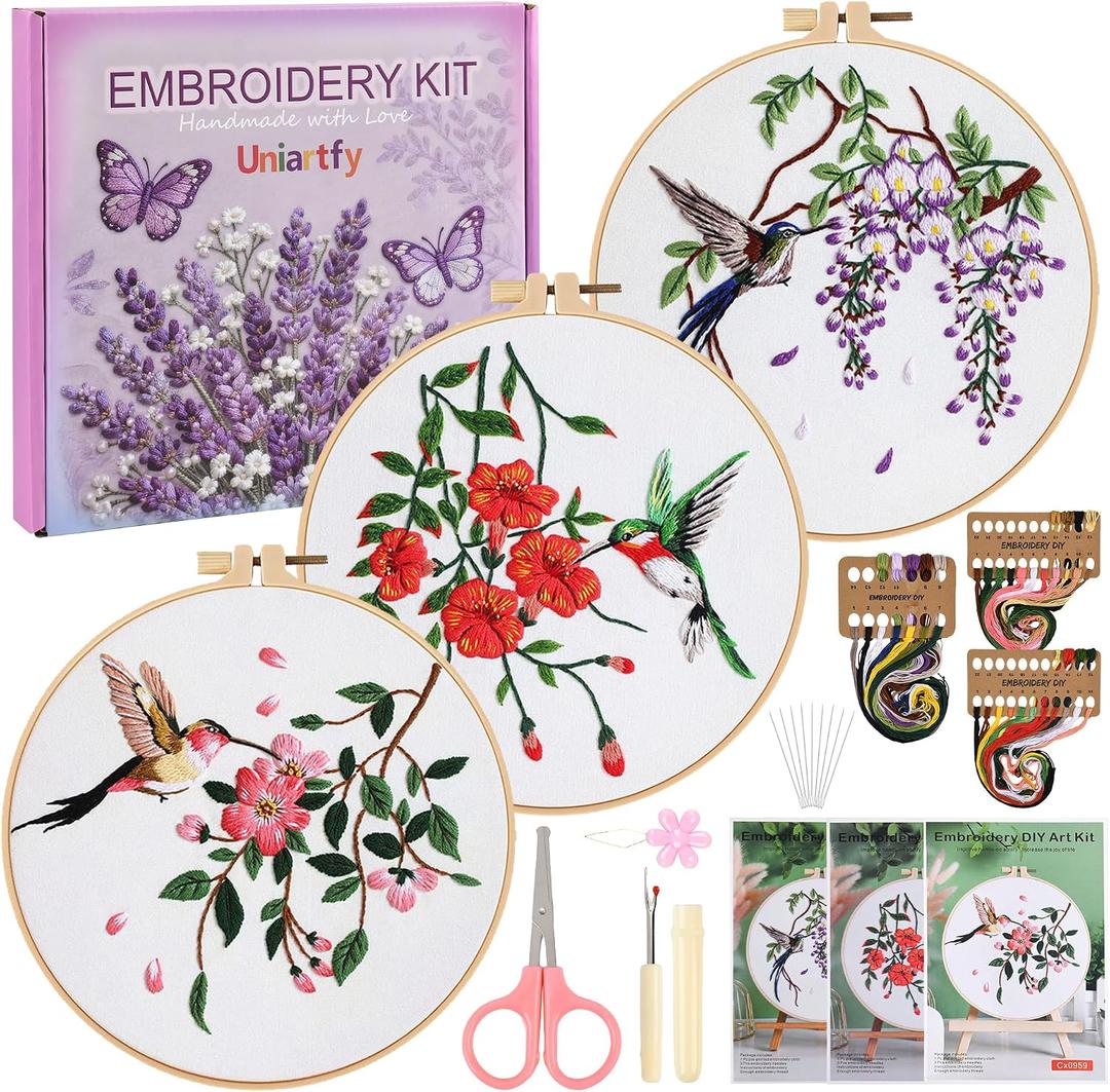 Embroidery Kit for Beginners,3 Pack Hummingbird and Flower Cross Stitch Kits for Adults,Needlepoint kit with Stamped Patterns,Hoop,Threads for Craft Lover,Hand Stitch with Embroidery Skill Techniques