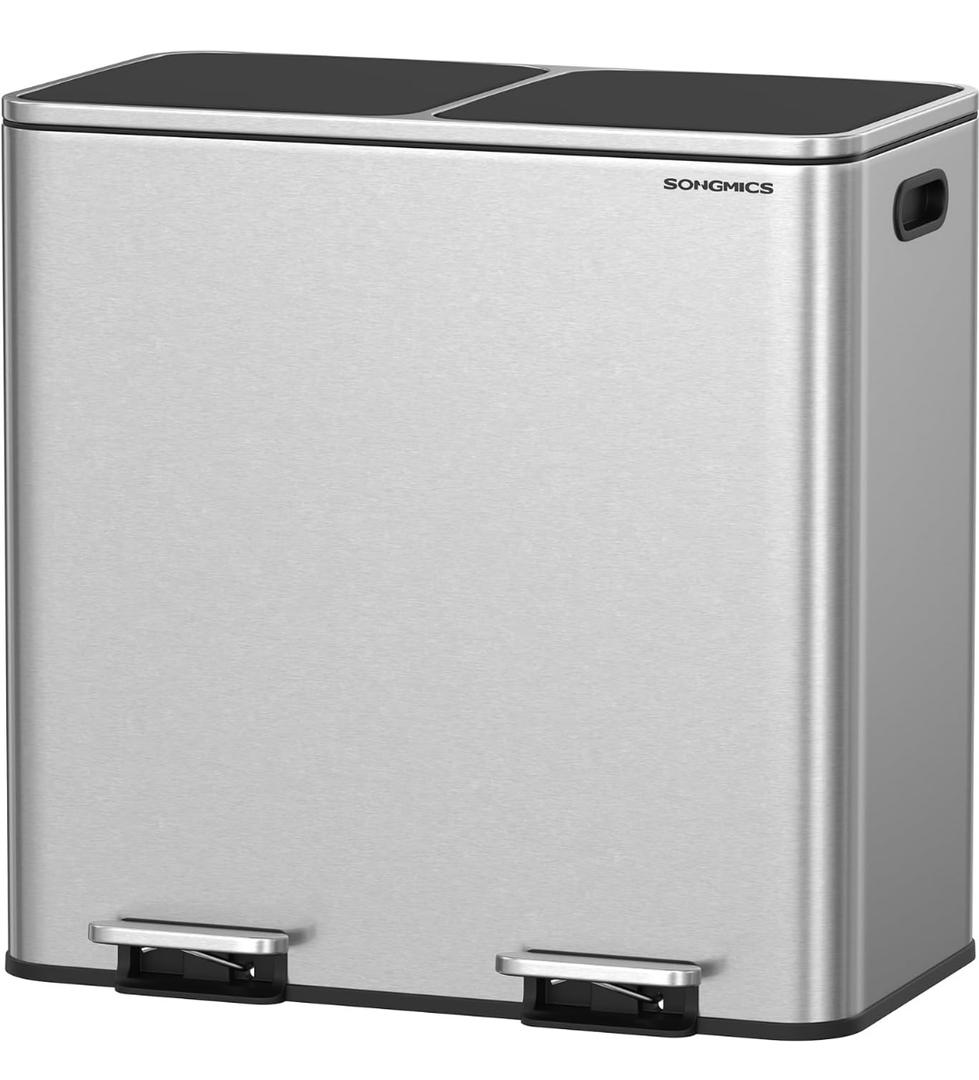 SONGMICS Trash Can, 2 x 10.6 Gallon (2 x 40 L) Garbage Can for Kitchen, with 15 Trash Bags, 2 Compartments, Plastic Inner Buckets and Hinged Lids, Airtight, Silver and Black ULTB730E80