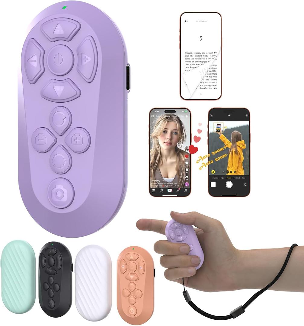 Wireless Remote Controller for iOS/Android Bluetooth Remote Control for TikTok Scrolling/Camera/Video Recording/Kindle App (Light Purple)