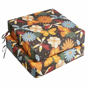 UNIKOME Outdoor Chair Cushions Pack of 2, Water Resistant Patio Cushions with Ties, High Density Sponge Filling Square Corner Seat Cushions for Outdoor Furniture, 24"*24"*4", Flower