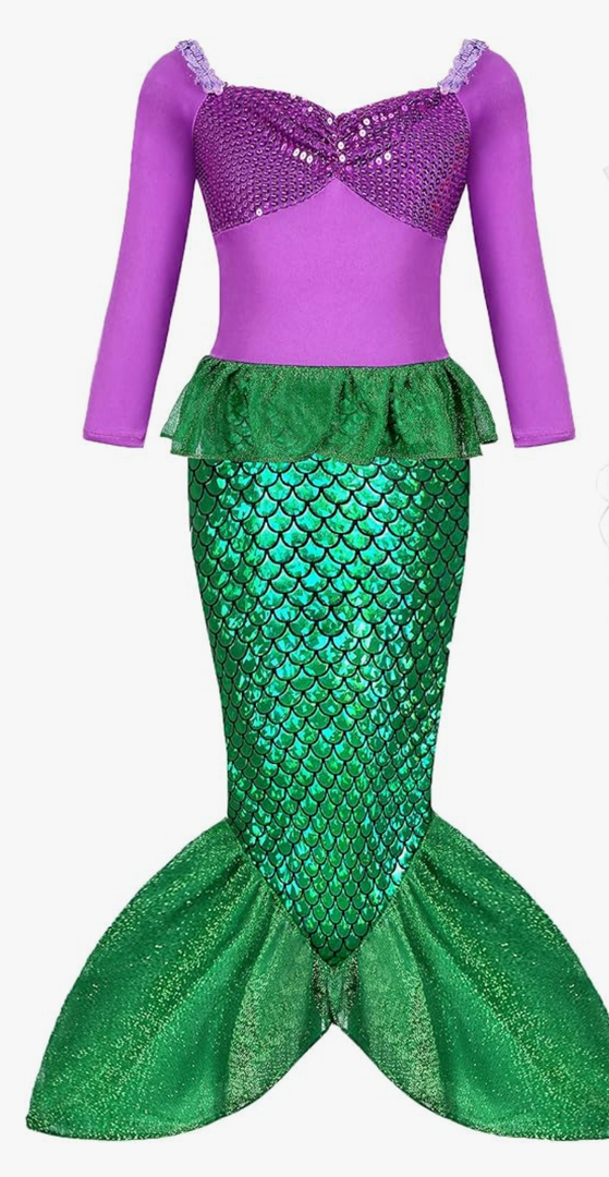 Little Girls Mermaid Ariel Costume for Grils Dress Up Halloween Cosplay Birthday Party with Headband, Wig, Necklace Size 140