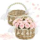 Set of 2 Small Flower Girl Basket, Rattan Wedding Wicker Basket with Pearl Handle, Ribbon Bow, Silk Petals, Rustic Boho Handwoven Gift Baskets for Confetti, Garden Decor, Picnic