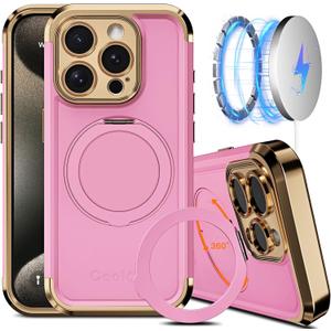 COOLQO for iPhone 15 Pro Max Case 6.7'' Upgraded 360 Spin Magnetic Stand [Compatible with Magsafe][Military Protection] Shockproof Protective Phone Holder Cover for iPhone 15 Pro Max, Pink Gold