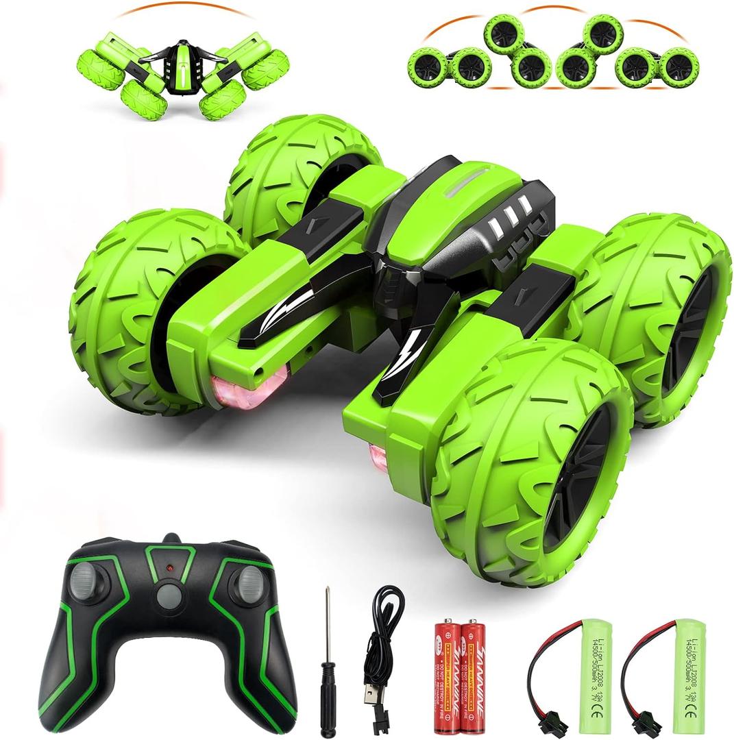 Remote Control Car for Kids 3-12 Years Old, Birthday Gift Toy for Boys Age 4 5 6 7 8, RC Car Stunt with Light 4WD Double Side Racing Vehicle 360 Flips Offroad Indoor Outdoor Sand Grass Garden Green (Headlight)