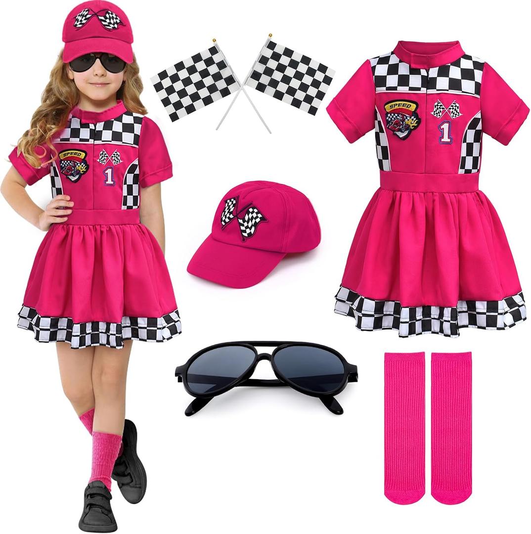 G.C 8pcs Kids Girls Race Car Driver Costume Toddler Racing Suit Rose Red Racer Dress Costumes Accessories Car Cap Knee Socks Sunglasses Flags Halloween Dress up Clothes (XS(3-4T))
