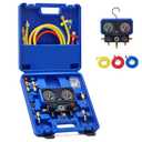 Orion Motor Tech AC Gauge Set, 3-Way AC Manifold Gauge Set for R410A R32 R22 R454B Refrigerant with 5ft Hoses, A/C Gauge with R410 R12/R22 Safety Valves R410A R32/R454B Adapters Valve Core Wrench