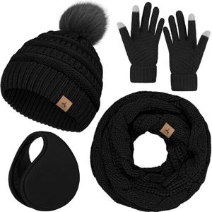 Winter Hat Scarf Gloves and Ear Warmer, Warm Knit Beanie Hat Touch Screen Gloves Set Winter Gifts Neck Scarves for Women (Black)