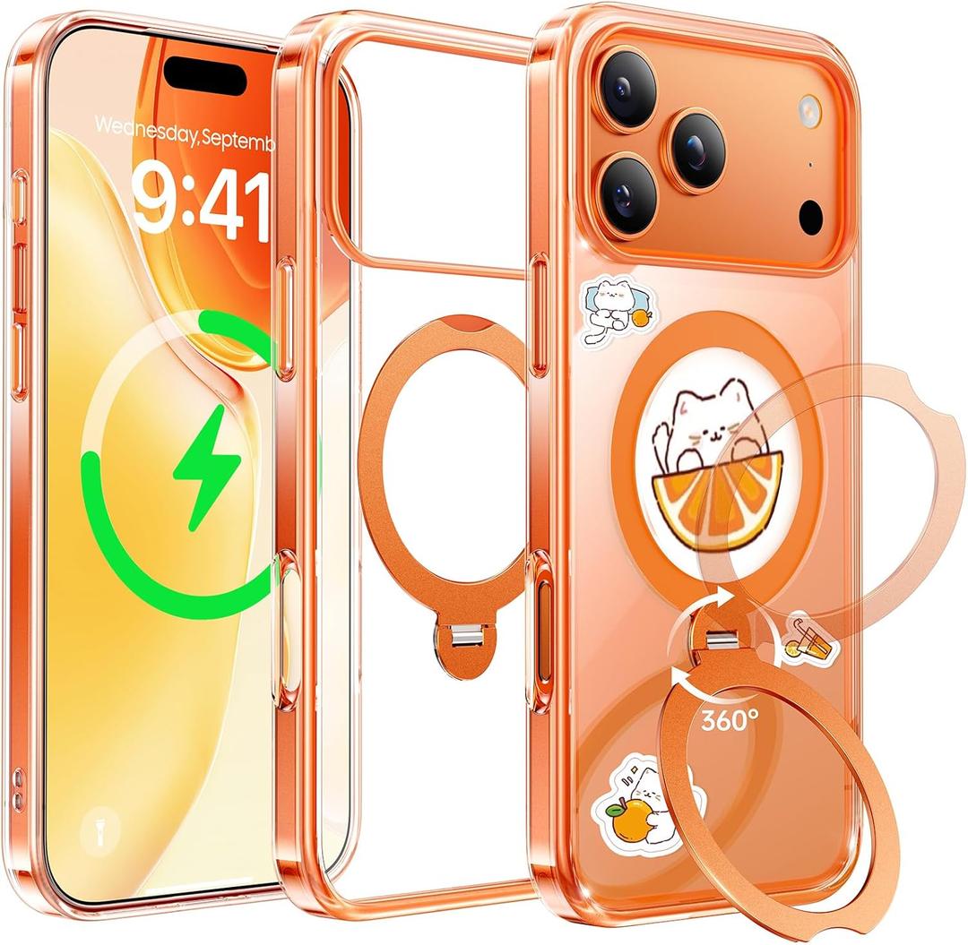 Official Cosmic Orange for iPhone 17 Pro Max Case with 360° Spin Stand [Fit for MagSafe & Military Protection] [DIY Cute Stickers] [Never Yellow] Clear Slim for 17 Pro Max Phone Cover 6.9", Orange