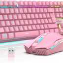 RedThunder K10 Wireless Gaming Keyboard and Mouse Combo, LED Backlit Rechargeable 3800mAh Battery, Mechanical Feel Antighosting Keyboard + 7D 3200DPI Mice for PC Gamer (Pink)