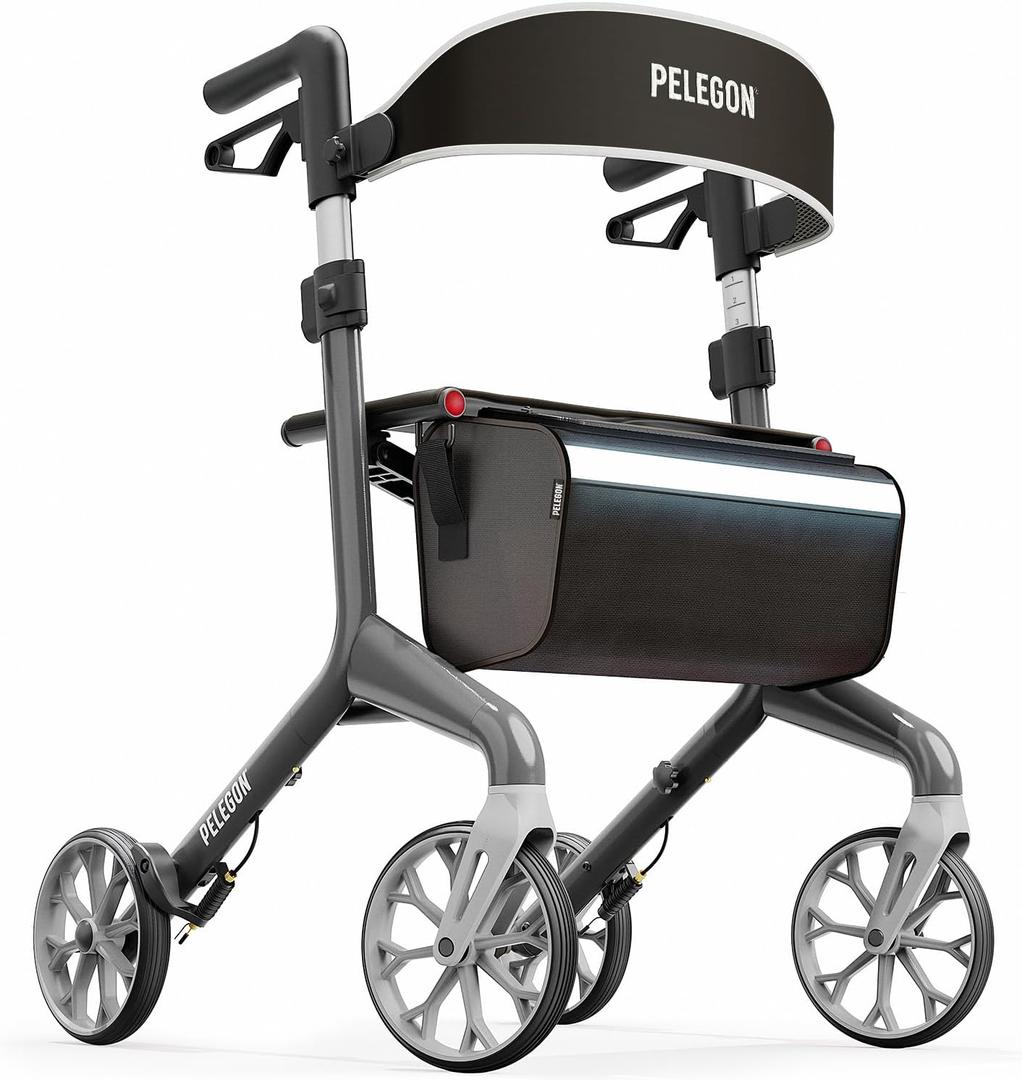Pelegon Rollator Walker with Seat for Seniors Lightweight Foldable Walker with Padded Seat & Backrest, Adjustable Handles, Reflective Frame, Carry Bag Heavy-Duty 300lb Support - Grey