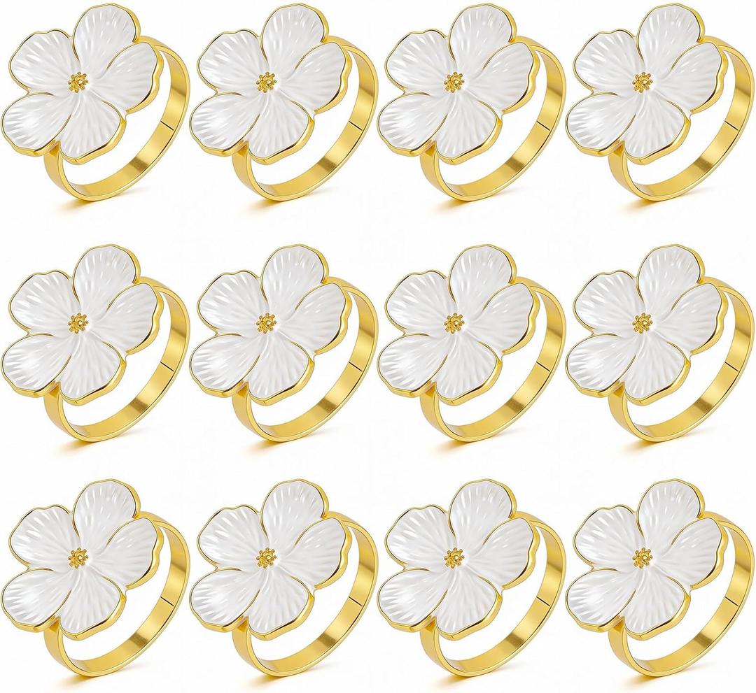Napkin Rings Set of 12, White Frangipani Flower Napkin Holders with Gold Rings- Elegant Holiday Table Decor for Wedding, Christmas, Thanksgiving, Easter, Dinner Parties