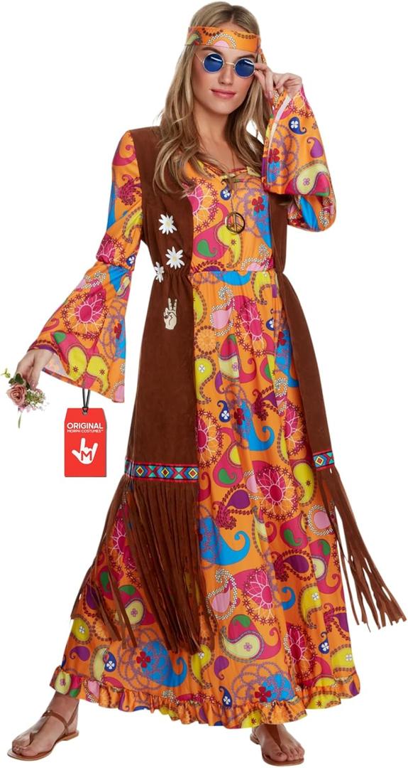 Morph Hippie Costume Women, 70s Costume For Women, 70s Long Dress, Womens 60s Halloween Costumes, Womens Halloween Costumes (X-Large)