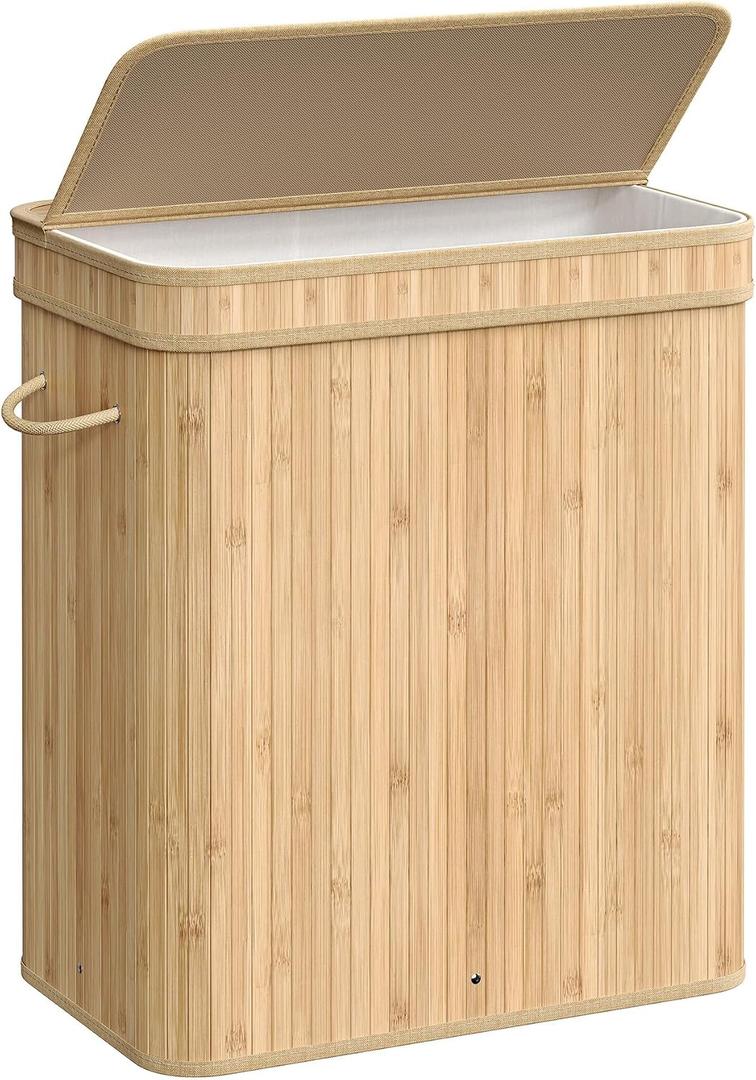 SONGMICS Laundry Hamper with Lid, Bamboo Laundry Basket, Removable Machine Washable Laundry Basket, with Handles, 26.4-Gallons, for Laundry Room, Bedroom, Bathroom, Natural Beige ULCB063N01, 100 L