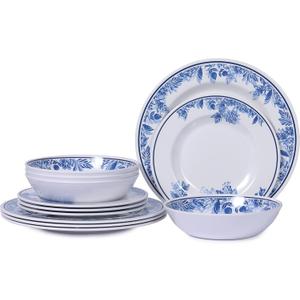 Melamine Dinnerware Sets-12pcs floral dinnerware set Service for 4,Dishwasher Safe, Break-resistant, Indoor and Outdoor Use,Reusable,Traditional Flower