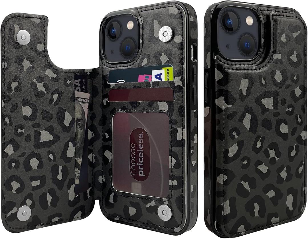TopPerfekt Flip Leather Wallet Case Card Holder Compatible with iPhone 13 and 14 6.1" Women and Girls with Card Holder Kickstand Double Magnetic Clasp Black Grey Leopard Pattern