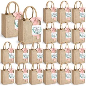 20 Pack Burlap Tote Gift Bags with Handles for Bridesmaid Bachelorette Wedding, 7.9 x 9.8 x 5.9 Inches Buk Reusable Jute Welcome Proposal Bags Baby Shower Wedding Party Supplies(Pink)