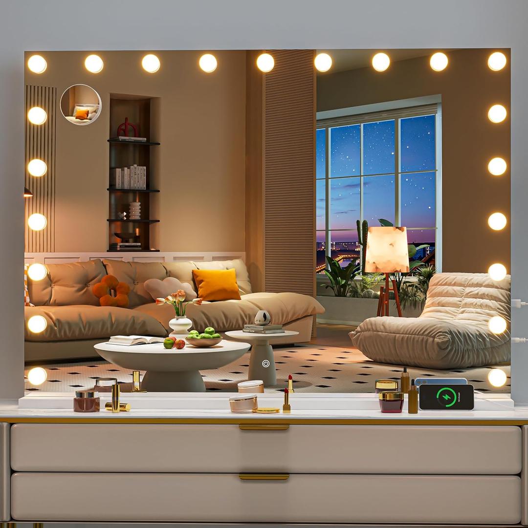 Hasipu Hollywood Vanity Mirror with Lights, 41" x 30" Makeup Mirror with 21 Dimmable LED Bulbs 3 Color Modes & Detachable, 5X Magnifying Glass, Touch Control, USB and Type-C, Tempered Glass