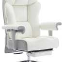 Efomao Big and Tall Office Chair 450LBS with Foot Rest, High Back PU Leather Executive Office Chair with Adjustable Padded Armrests, Lumbar Support for Home or Work, Heavy Duty Computer Chair, White