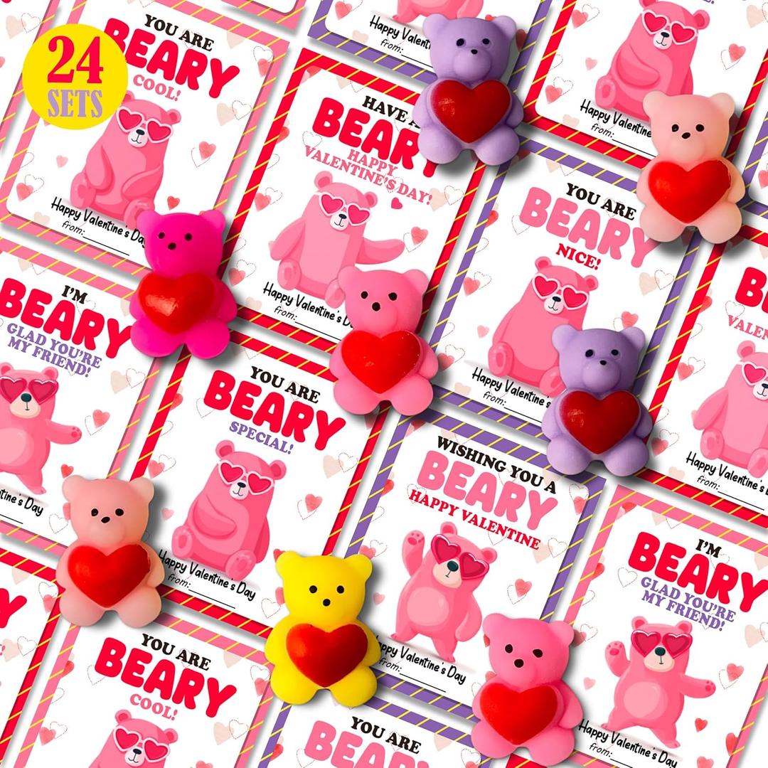 Valentines Day Gifts for Kids Classroom Bear Squishes, School Party Favors Exchange with Cards 24 PCS (Red)