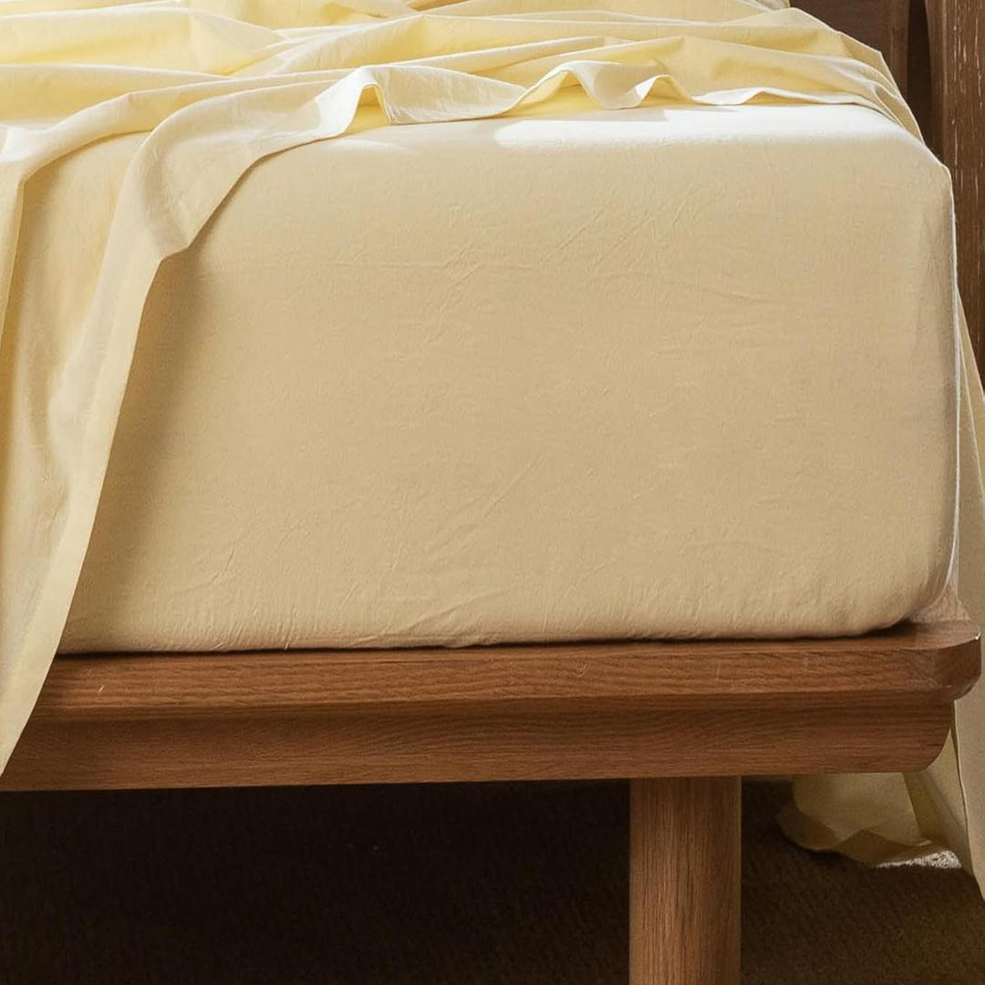 MooMee Fitted Bottom Sheet Only 100% Washed Cotton Linen Like Textured Breathable Durable Soft Comfy Deep Pocket Fits Mattress up to 17" (Heathered Butter Yellow, Twin)