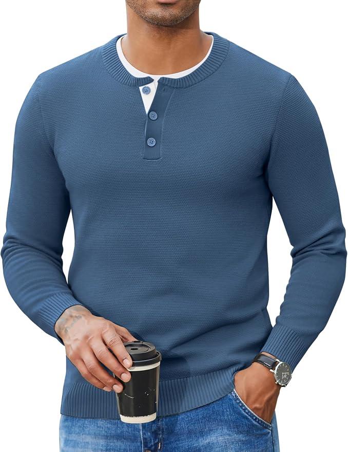  COOFANDY Men's Henley Sweater Long Sleeve Textured Pullover Sweaters Casual Button Crewneck Knit Sweater, 3XL