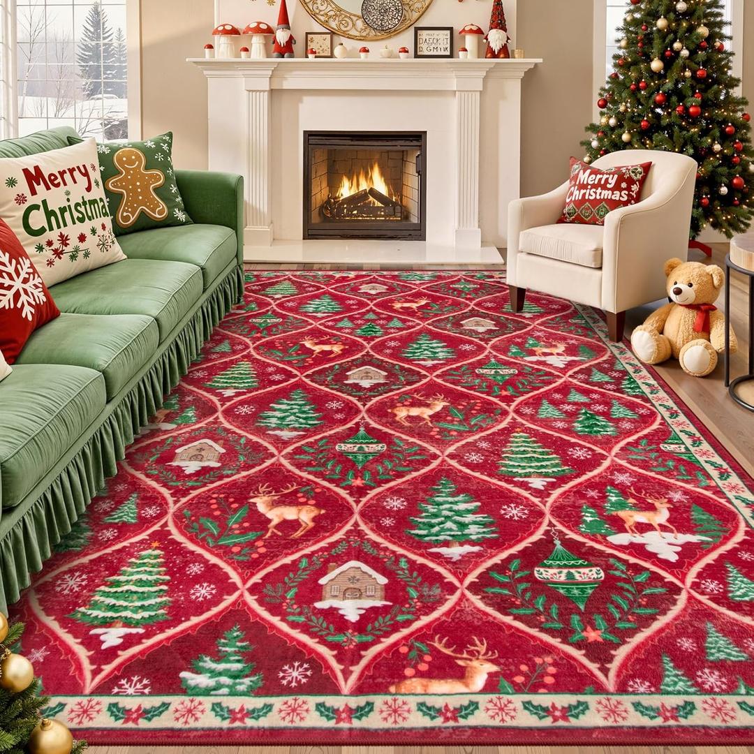 Lahome Christmas Rugs for Living Room, Soft Bedroom Rug 8x10 Under Bed Print Xmas Carpet Reindeer Christmas Home Decor, Stain Resistance Non Shedding Indoor Carpet for Office Room Dining Room