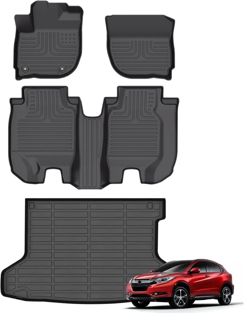 Floor Mats & Cargo Liner for Honda HRV 2022-2016 (AWD Model) All Weather Automotive TPE Liners Set Anti-Slip Waterproof Floor Liners Accessories (Car Mats+Trunk Mat) Black