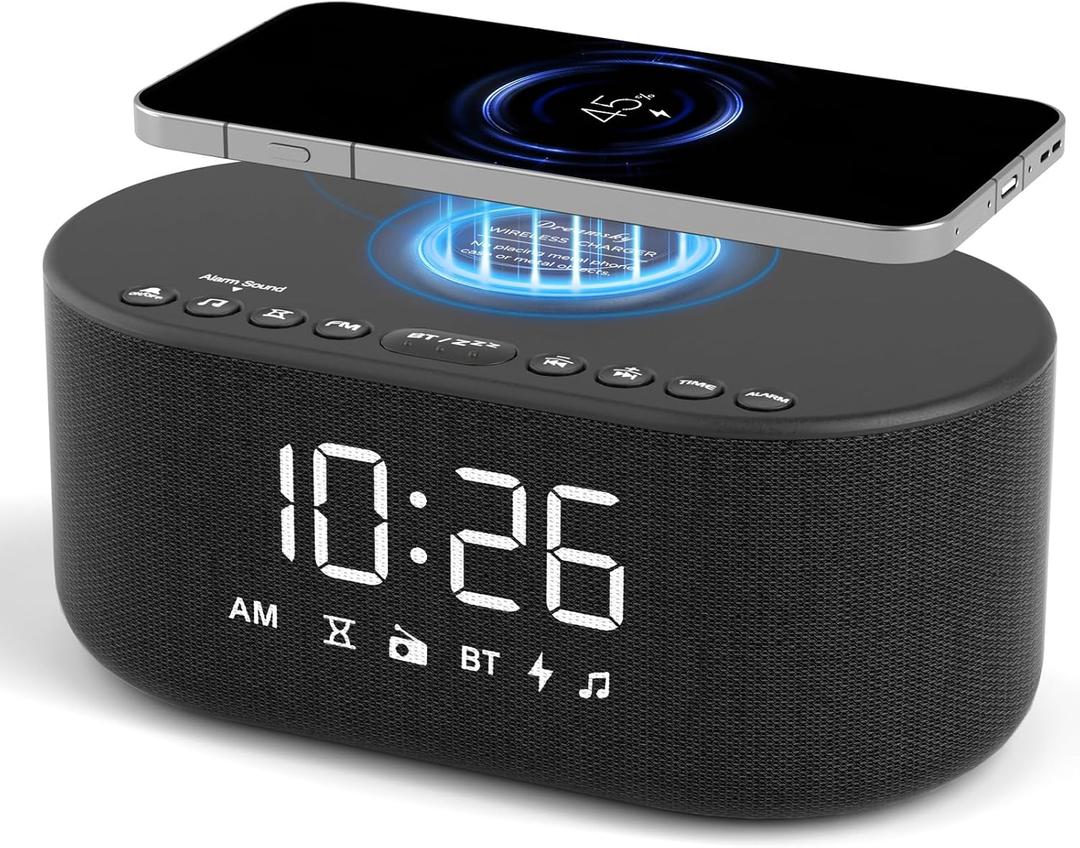 DreamSky Alarm Clock Radio with Wireless Charging and Bluetooth Speaker | Loud Alarm for Heavy Sleepers, Bedroom Digital FM Radio with Sleep Timer, 0-100% Dimmer, 9 Alarm Sounds & 16 Volumes, USB