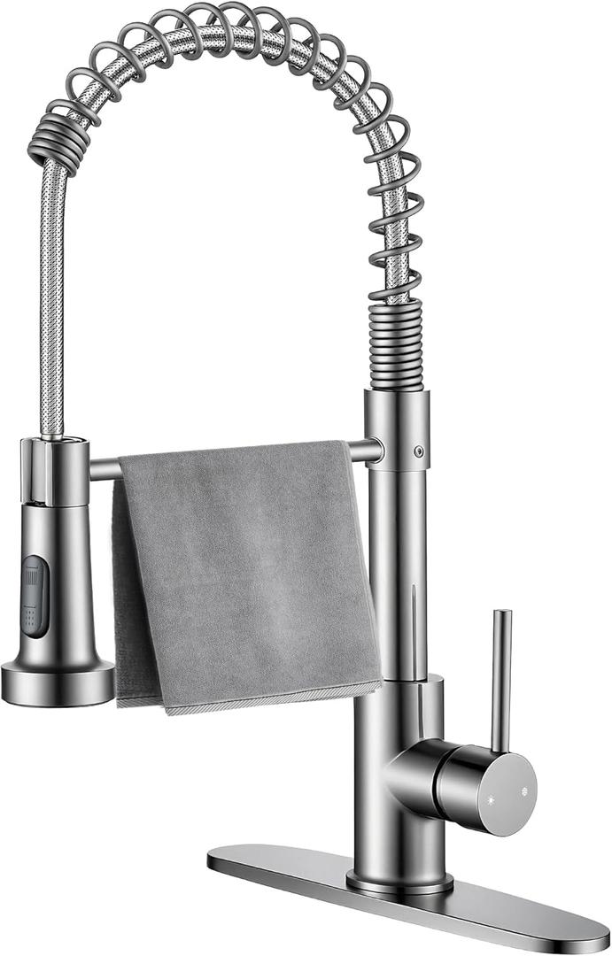 Durable Kitchen Sink Faucet with Sprayer, Compatible with 1 Hole or 3 Hole, 360 Rotatable Commercial Pull Out Kitchen Sink Faucets Spring Laundry Camper Utility Wet Bar (Pull Out, Brushed Nickle)