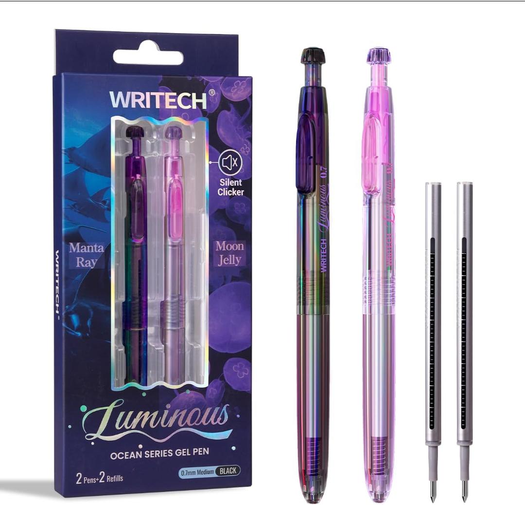 WRITECH Gel Pens Medium Point: Luminous pen set 0.7mm, Black Ink, Includes 2 Pens and 2 Refills, Silent Clicker, Smooth Writing for School Office & Everyday Use