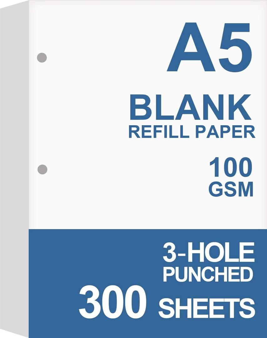 (3-Pack) A5 Filler Paper, 3 Hole Planner Refills, Organizer, Loose-leaf Binder Paper, Total 300 Sheets/600 Pages, 100gsm, Blank, White Paper, 5.8 x 8.2 Inch, 3 Hole Filler Paper, Mini Binder Refills