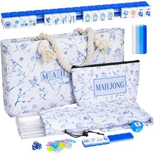 TIASUSAN American Mahjong Game Set(4 Layer), 160 Blue Engraved Tiles, White Bag and Entire Accessories, 4 All-in-One Rack/Pushers, Mahjong Tile Set
