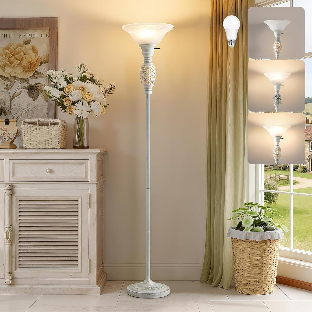 70" Torchiere Floor Lamp with NightLight, Etched Glass Shade, Bulb Included