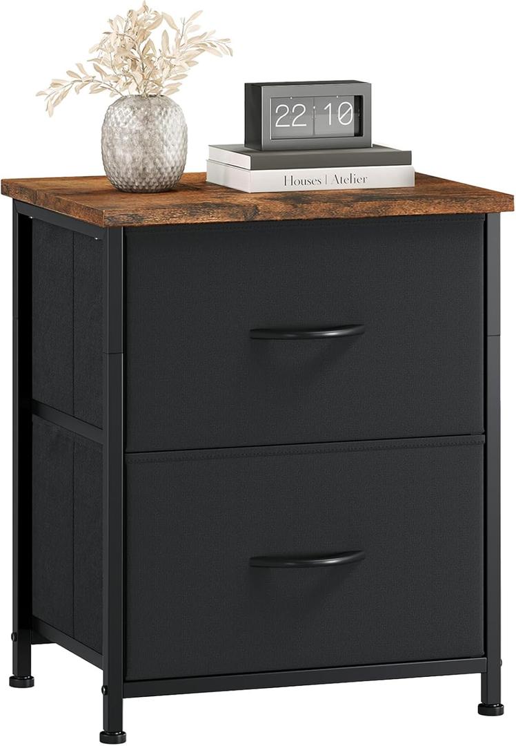 Somdot Nightstand with 2 Drawers, Bedside Table Small Dresser with Removable Fabric Bins for Bedroom Nursery Closet Living Room - Sturdy Steel Frame, Wood Top, Pull Handle - Black (Black Rustic Brown)